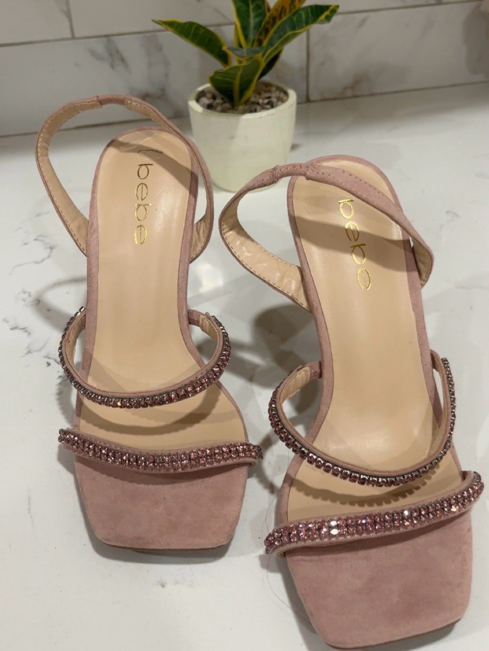 bebe Blush Pink Suede Crystal-Strap Block Heels